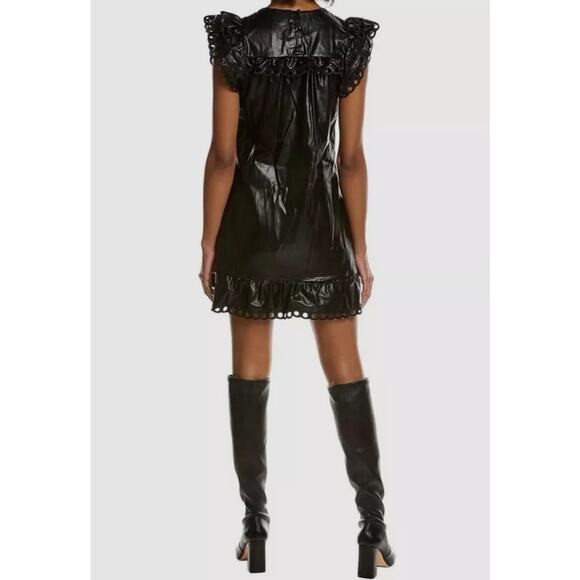 Stellah NWT $168 Small Black Faux Leather Goth Punk Alt Eyelet Babydoll Dress - Picture 9 of 14